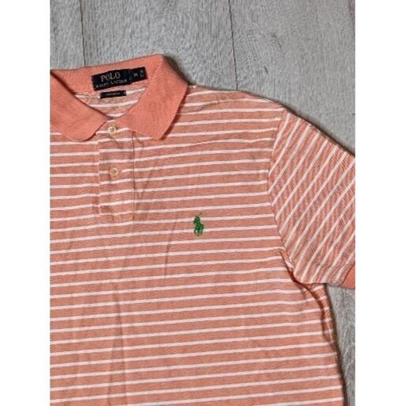 Polo Ralph Lauren Orange/White Stripe Short Sleeve Shirt Green Polo Logo Sz Med - Picture 3 of 7